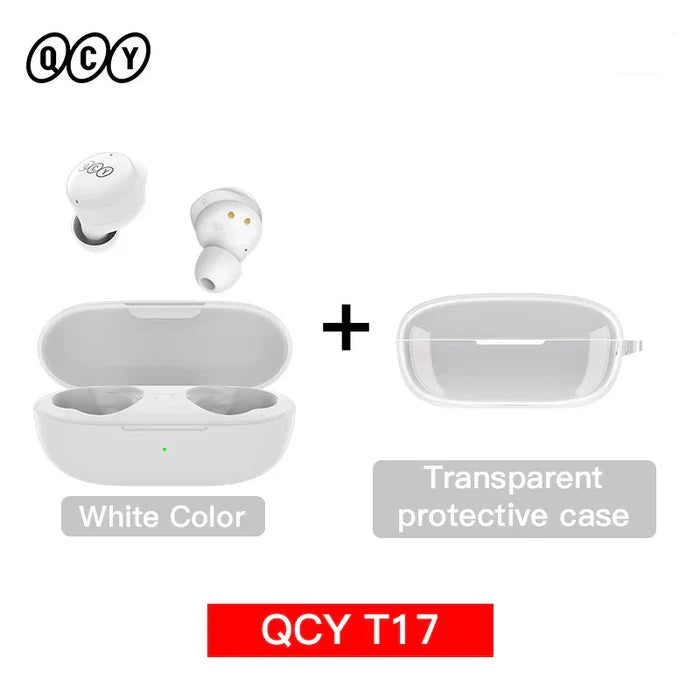 White wireless earbuds with charging case and transparent protective case.