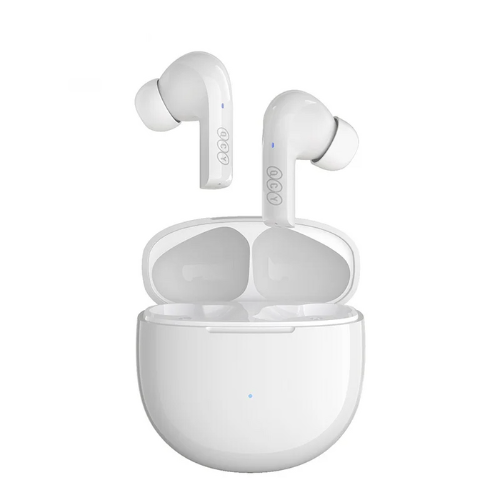 White wireless earbuds with charging case.