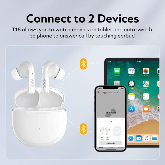 White wireless earbuds with charging case.