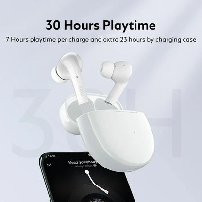 White wireless earbuds and charging case.