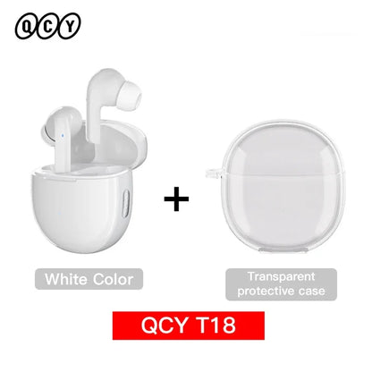 White wireless earbuds with transparent case.