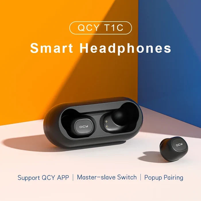 Black wireless earbuds with charging case.