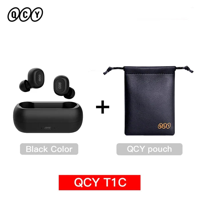 Black wireless earbuds with charging case and pouch.
