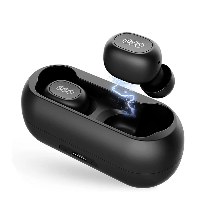 Black wireless earbuds and charging case.