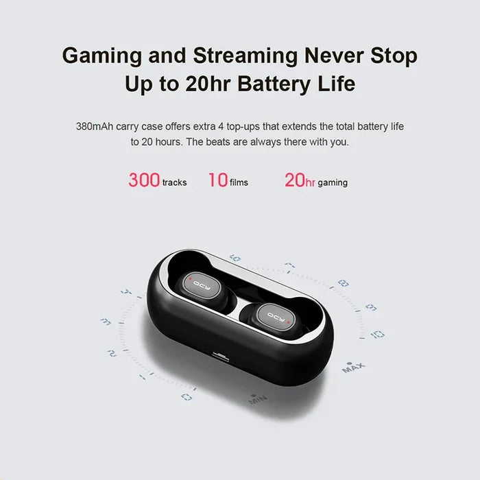 Black wireless earbuds in charging case.