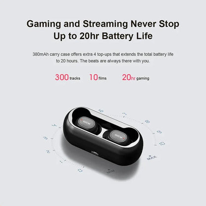 Black wireless earbuds in charging case.
