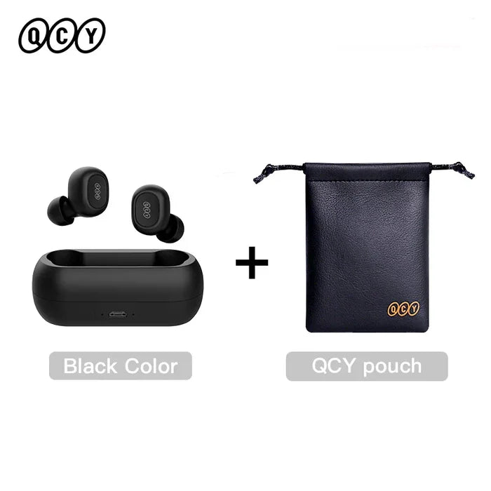 Black wireless earbuds and pouch.