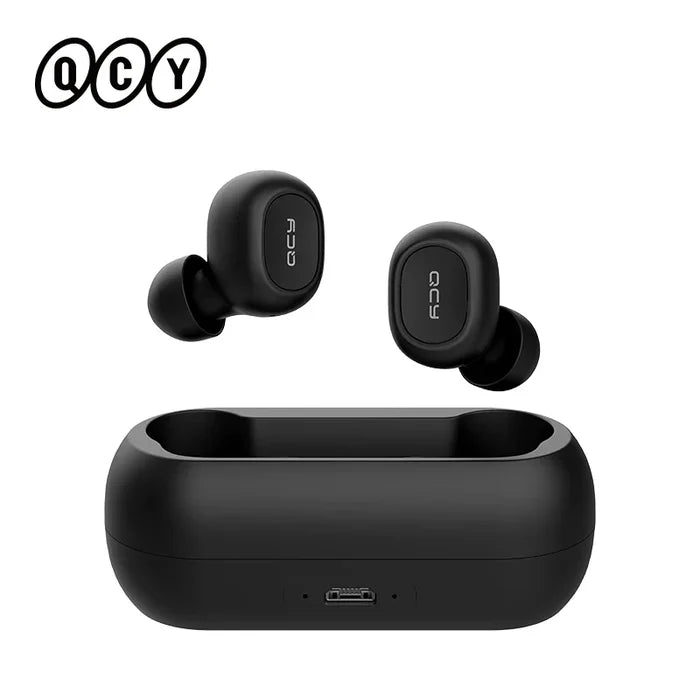 Black wireless earbuds with charging case.