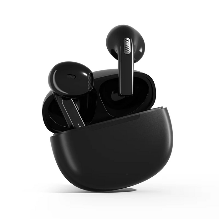 Black wireless earbuds in charging case.