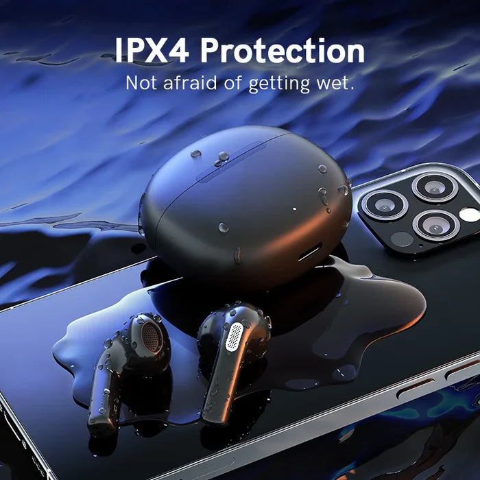 Water-resistant wireless earbuds and charging case.