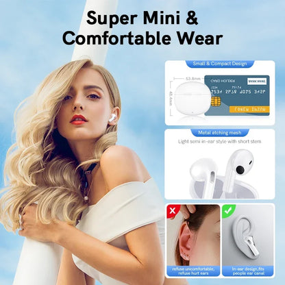 White wireless earbuds with charging case.