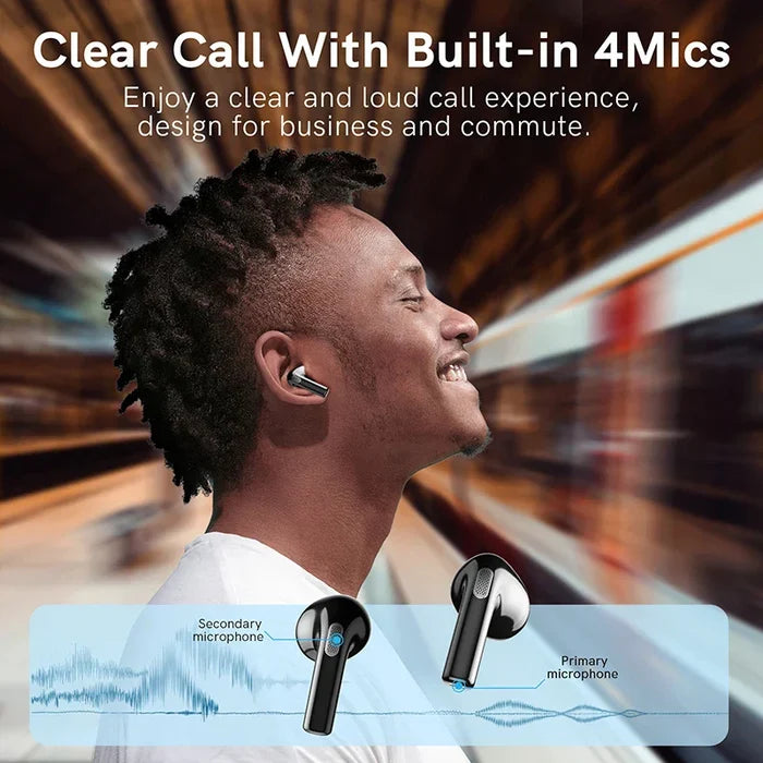 Wireless earbuds with built-in microphones.