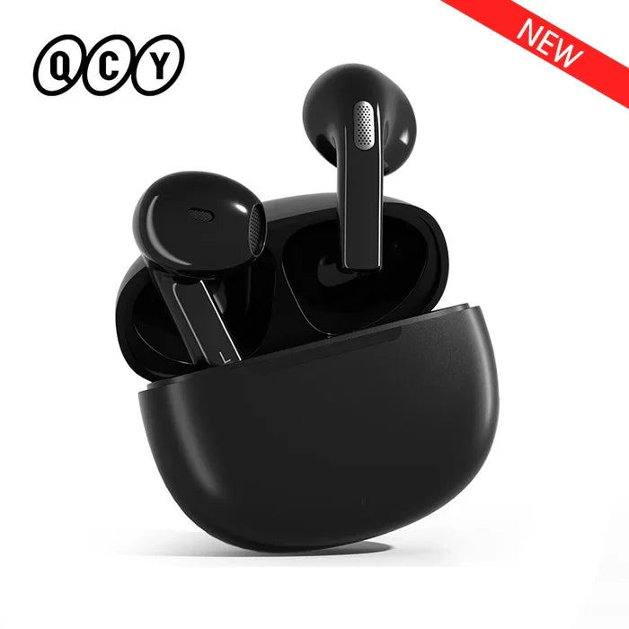 Black wireless earbuds and charging case.