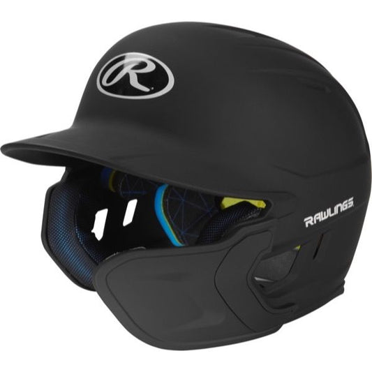 A black Rawlings Mach Matte Batting Helmet with EXT Flap (MACHEXT), featuring a white Rawlings logo on the front and padded interior lining for comfort and protection.