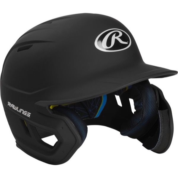 A black Rawlings Mach Matte Batting Helmet with EXT Flap (MACHEXT), featuring dual ear protection, a shiny white Rawlings logo, ventilation holes, and a padded interior for comfort.