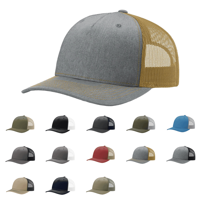 Richardson 112FP - 5-Panel Premium Trucker Snapback Hat: Heather Grey/Amber Gold