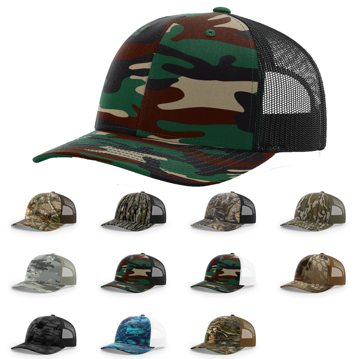 Richardson 112P Printed Trucker Hat Snapback Cap: Army Green Camo/Black