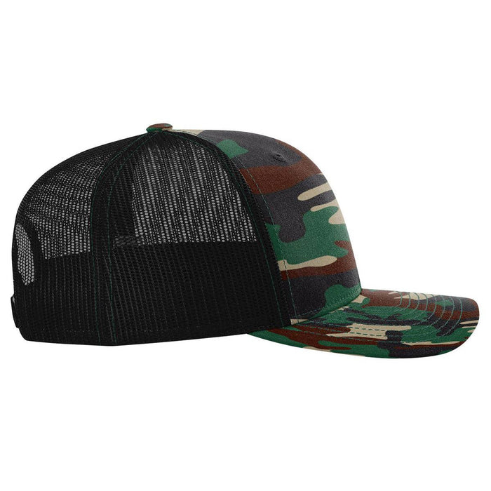 Richardson 112P Printed Trucker Hat Snapback Cap: Army Green Camo/Black