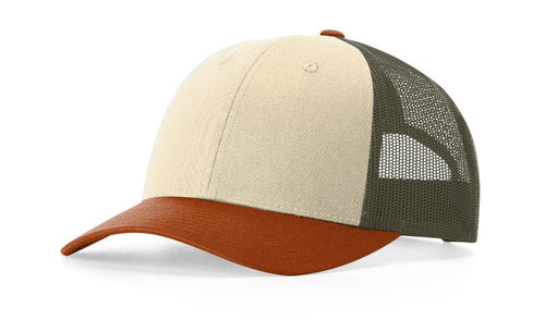 Richardson 115 Low Pro Trucker Cap: Cream/Loden/Dark Orange / MD-LG