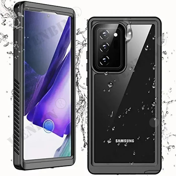 Waterproof case for a Samsung smartphone with a triple-camera setup.