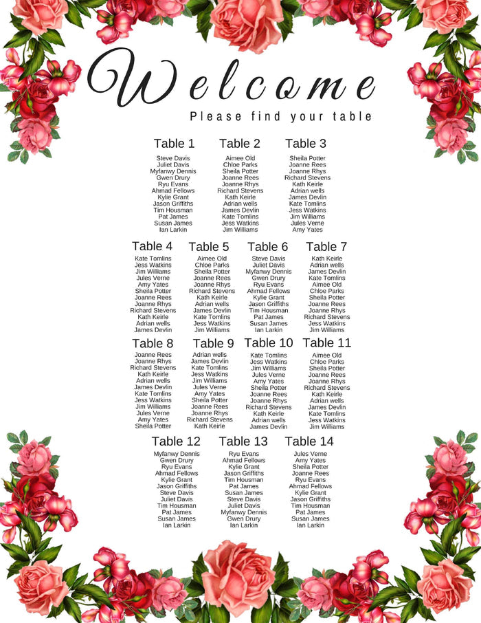 Seating Chart for Wedding Bridal shower party artwork Wedding Seating Chart Template