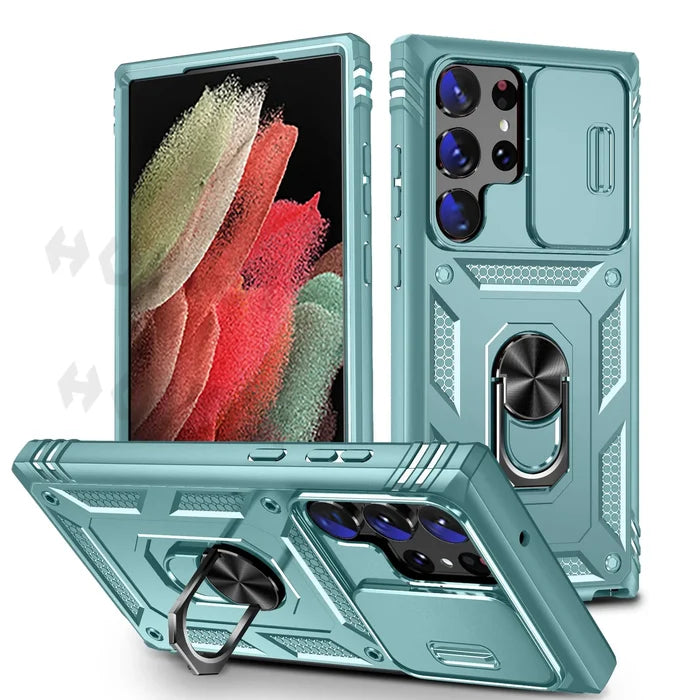 Teal-colored protective smartphone case with a ring holder and camera lens cover.