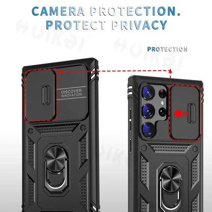 Rugged smartphone case with a sliding camera cover and ring holder.