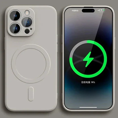 IPhone with a MagSafe wireless charging case displaying a battery charging indicator on the screen.