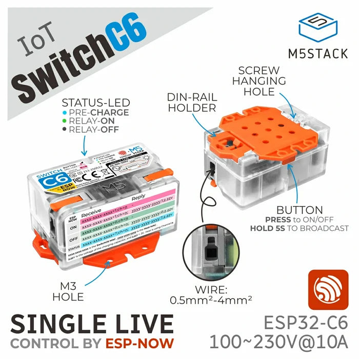Single Live Wire Wi-Fi Smart Switch (ESP32-C6) - m5stack-store