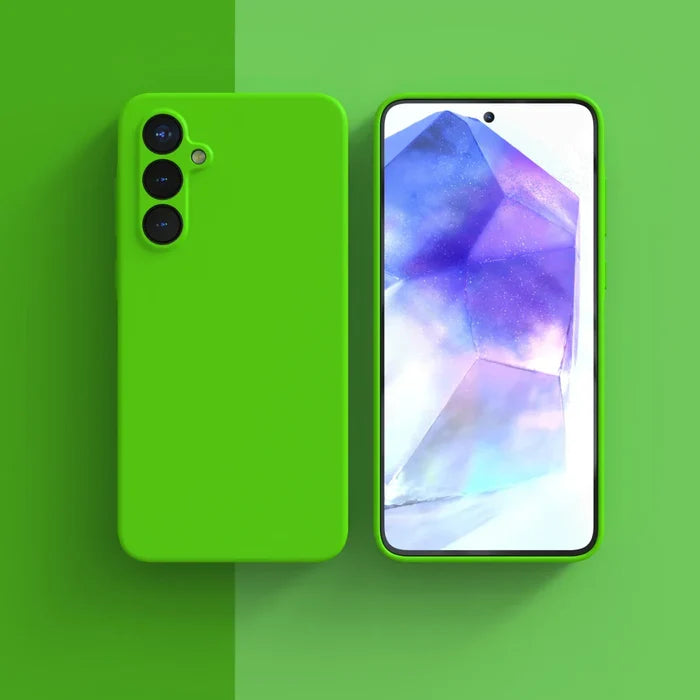 Bright green smartphone with a triple camera setup and a colorful display.