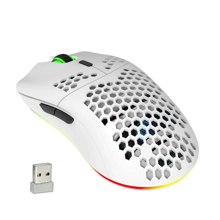 Lightweight wireless gaming mouse with a honeycomb shell design and RGB lighting.