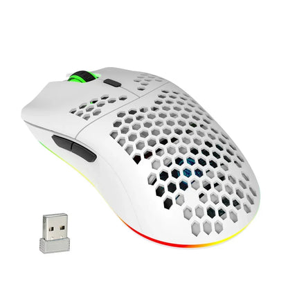 Lightweight wireless gaming mouse with a honeycomb shell design and RGB lighting.