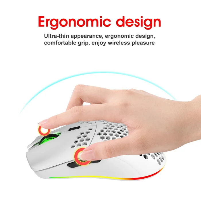 Lightweight ergonomic computer mouse with a perforated honeycomb shell design and RGB lighting.