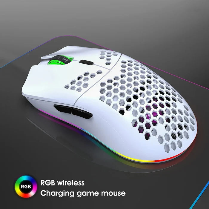 Lightweight white gaming mouse with honeycomb shell design and RGB lighting.