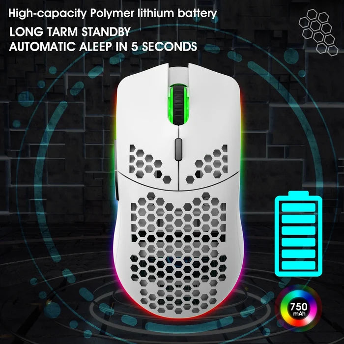 Lightweight wireless gaming mouse with RGB lighting and a honeycomb shell design.