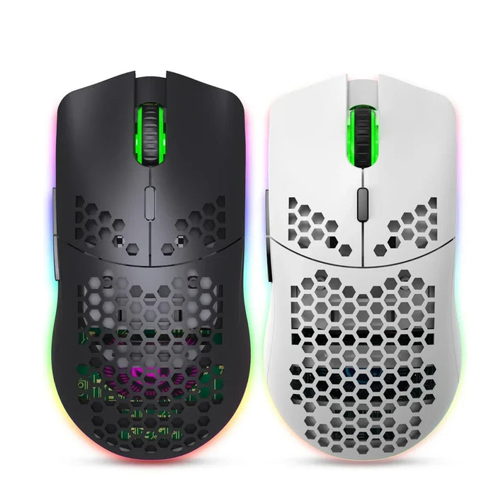 Two lightweight gaming mice with honeycomb designs and RGB lighting, one black and one white.