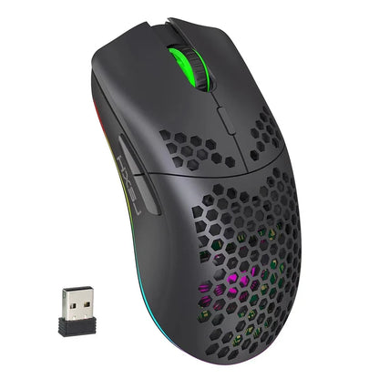 Wireless gaming mouse with a honeycomb shell design and RGB lighting.