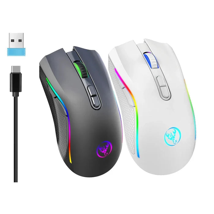 Two wireless gaming mice with RGB lighting, one black and one white, alongside a USB dongle and charging cable.