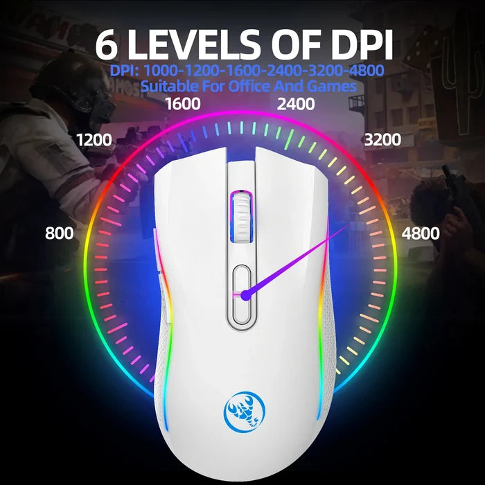 White computer mouse with a colorful circular DPI indicator behind it showing six levels ranging from 800 to 4800 DPI.