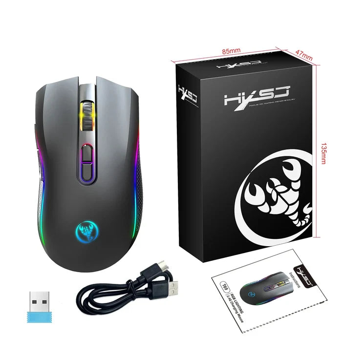 Gaming mouse with RGB lighting and its product packaging.