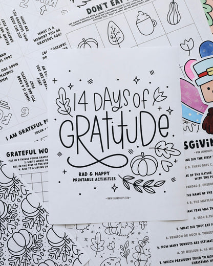 14 Days of Gratitude printable activities sheet with various printed sheets with illustrations on a white background.