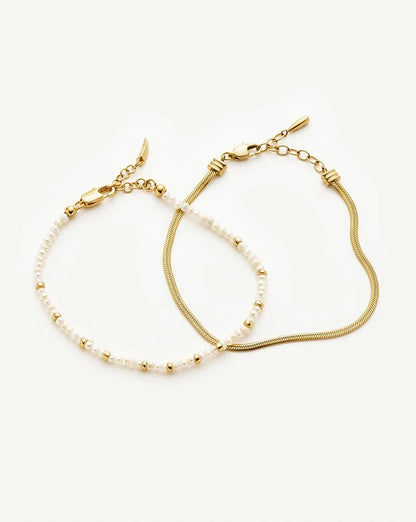 Micro Pearl Beaded & Thin Snake Chain Bracelet Set | 18ct Gold Plated/Pearl Bracelets Missoma