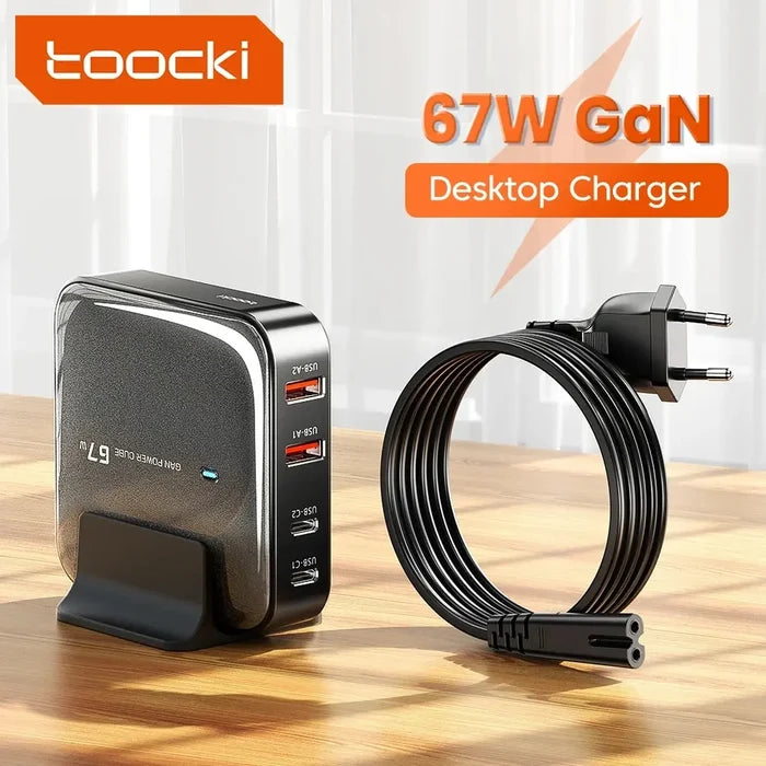 67W GaN desktop charger with multiple USB ports and a power cable.