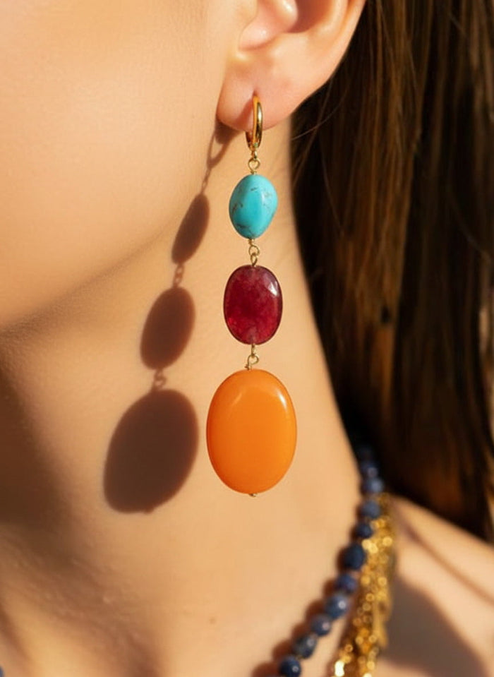Earrings Antonia Karra Triple Drop Earrings Turquoise/Ruby/Orange Jade Gold Plated O/S Apoella