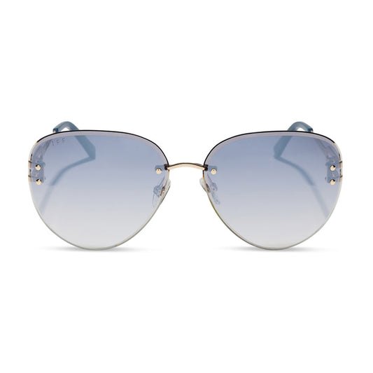 diff eyewear featuring the trista aviator sunglasses with a gold frame and slate blue gradient flash lenses front view
