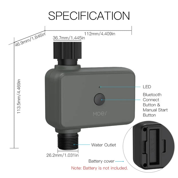 Gray smart water timer with dimensions.