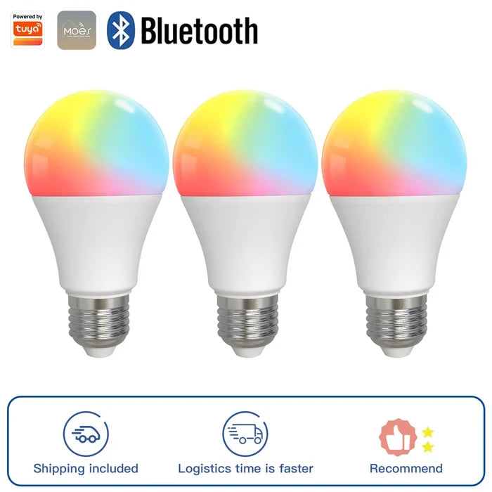 Three color-changing smart lightbulbs.