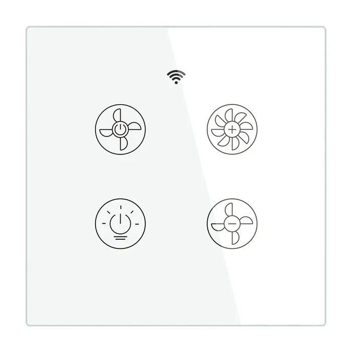 White smart switch with fan and light controls.
