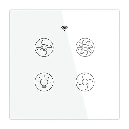 White smart switch with fan and light controls.