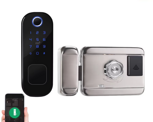 Smart lock with keypad and smartphone control.